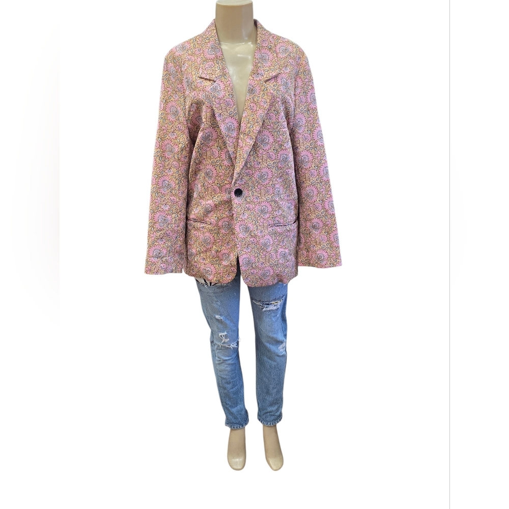 ​6397 Floral Tapestry Oversized Blazer Jacket XS‎ Pink Blue Jacquard